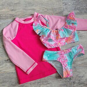 Member's Mark Swimsuit Girl's 2T Toddler 3pc Blue and Pink Tropical Bikini NWT